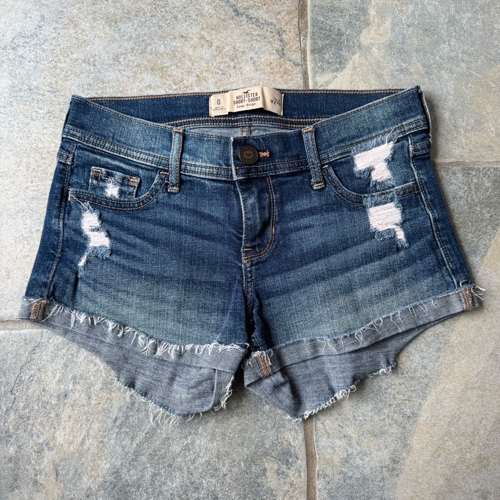 Hollister Y2K 2000s Vintage Blue Distressed Jean Shorts with Cuffed Hem Size 0